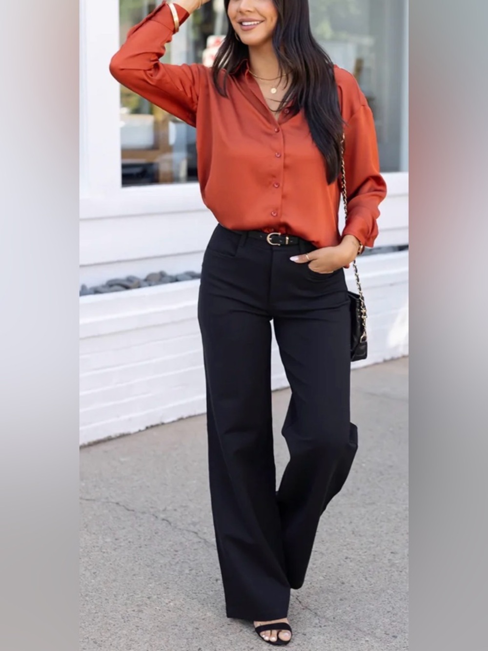 PLEIONE Lustrous Satin Button-Down Blouse - Picture 2 of 9